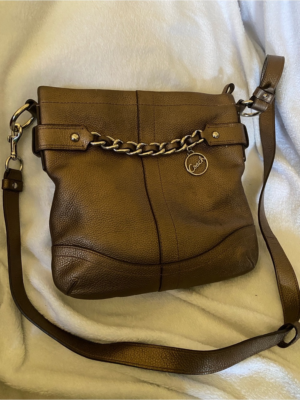 Coach Brown Pebbled Leather Crossbody with Gold Chain Accent